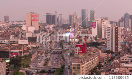Aerial view of Via Expresa highway and metropolitan bus with traffic day to night timelapse. Lima, Peru 118680685