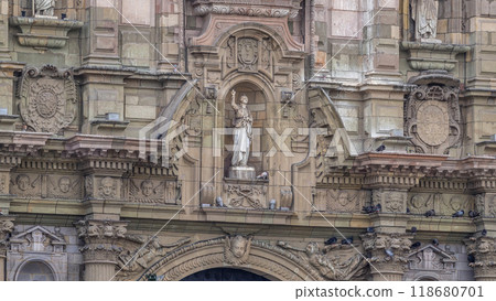 Statue on The Basilica Cathedral of Lima is a Roman Catholic cathedral located in the Plaza Mayor timelapse hyperlapse in Lima, Peru 118680701