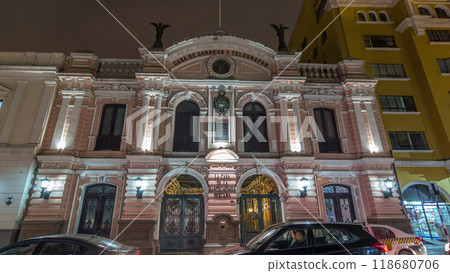 Central Post Office Building illuminated at night timelapse hyperlapse, Lima, Peru 118680706
