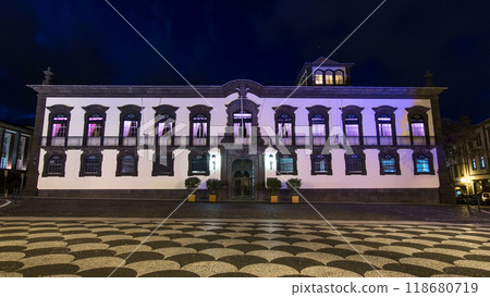 Funchal town hall and square with a fountain at night timelapse hyperlapse. Madeira, Portugal. Funchal town hall and square with a fountain at night timelapse hyperlapse. Madeira, Portugal. 118680719