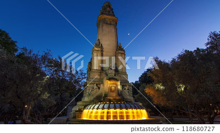 Cervantes monument timelapse hyperlapse on the Square of Spain in Madrid day to night transition 118680727