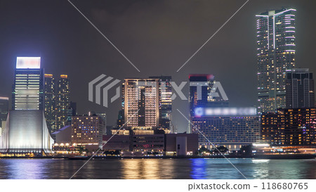 Hong Kong Cultural Centre with colorful light projection on its wall timelapse hyperlapse. Hong Kong Cultural Centre with colorful light projection on its wall timelapse hyperlapse. 118680765