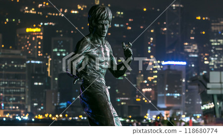 Bruce Lee monument timelapse hyperlapse in the night at the Avenue of stars, in Hong Kong. Bruce Lee monument timelapse hyperlapse in the night at the Avenue of stars, in Hong Kong. 118680774