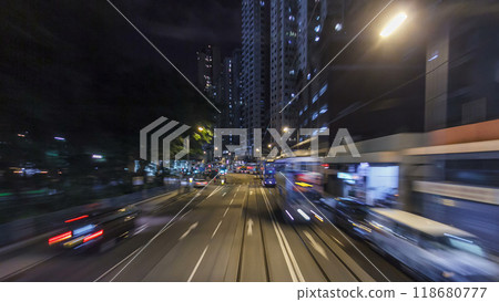 View from double-decker tram on street of HK timelapse hyperlapse. 118680777