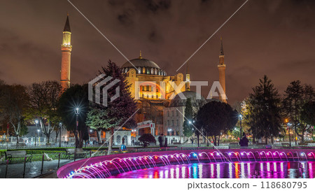 Hagia Sophia timelapse hyperlapse with a fountain at night, Istanbul, Turkey 118680795