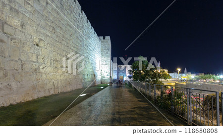 Walls of Ancient City at Night timelapse hyperlapse, Jerusalem, Israel 118680808