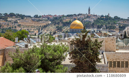 Panorama overlooking the Old city of Jerusalem timelapse, Israel, including the Dome of the Rock 118680809