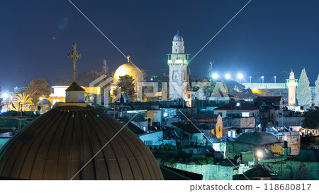 Skyline of the Old City in Jerusalem with historic buildings aerial night timelapse, Israel. 118680817