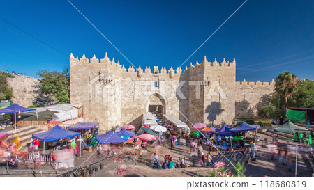 Damascus Gate or Shechem Gate timelapse hyperlapse, one of the gates to the Old City of Jerusalem, Israel 118680819