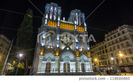 Basilique Notre-Dame de l Assomption at night located on Avenue Jean Medecin timelapse hyperlapse in Nice, France. 118680860