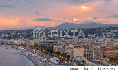 Panorama over Nice city and Mediterranean Sea aerial day to night timelapse Panorama over Nice city and Mediterranean Sea aerial day to night timelapse 118680865