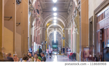 Arcade in building at Republic Square night timelapse Italy Arcade in building at Republic Square night timelapse Italy 118680908