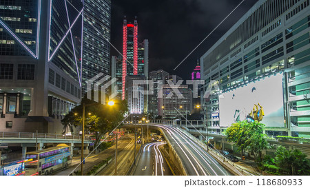 Hong Kong traffic timelapse hyperlapse near bank tower in Central District of Hong Kong. 118680933