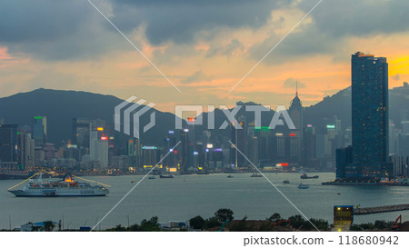 Hong Kong day to night, aerial view from kowloon bay downtown timelapse Hong Kong day to night, aerial view from kowloon bay downtown timelapse 118680942