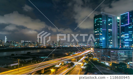 Top view of busy traffic night in finance urban timelapse, hong kong city Top view of busy traffic night in finance urban timelapse, hong kong city 118680945