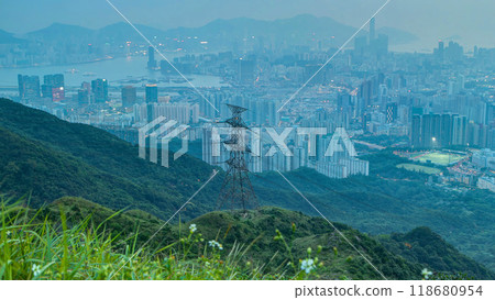 Day to night timelapse from Fei ngo shan Kowloon Peak night Hong Kong cityscape skyline. 118680954