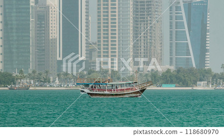 A dhow going to harbour in Doha timelapse, Qatar A dhow going to harbour in Doha timelapse, Qatar 118680970