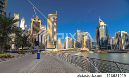 Dubai Marina with tallest skyscrapers and boats timelapse hyperlapse Dubai Marina with tallest skyscrapers and boats timelapse hyperlapse 118681019