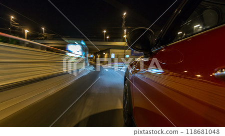 Car moves at fast speed at the night streets timelapse hyperlapse drivelapse. 118681048