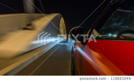 Car moves at fast speed at the night streets timelapse hyperlapse drivelapse. 118681049