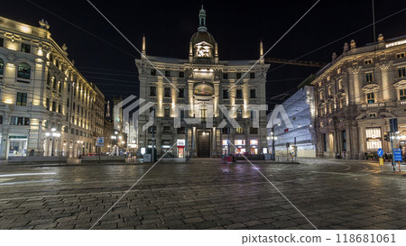 Piazza Cordusio is an important commercial square in the city night timelapse hyperlapse 118681061
