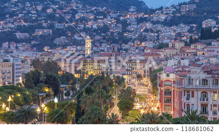Evening aerial panorama of Nice day to night timelapse, France. Lighted Old Town little streets and Massena square after sunset 118681062