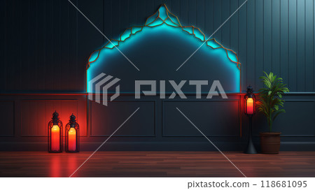 Neon Ramadan Kareem Sign with Traditional Lanterns in Modern Interior. Islamic Holiday Concept 118681095
