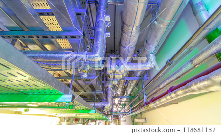 Steel pipe management for network or electric cable with metal flex pipe or conduit timelapse hyperlapse. 118681132