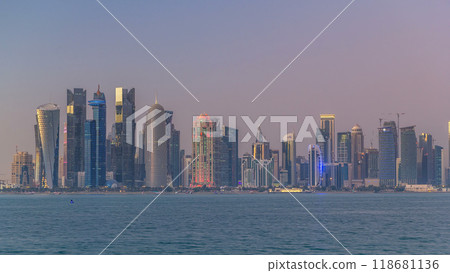Doha downtown skyline day to night timelapse, Qatar, Middle East 118681136