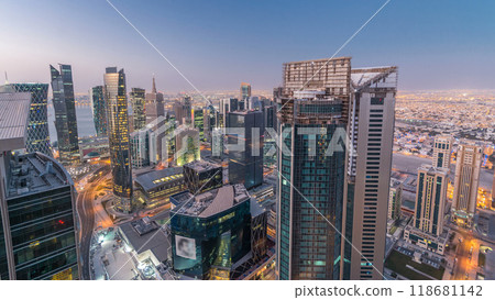 The skyline of the West Bay area from top in Doha night to day timelapse, Qatar. 118681142