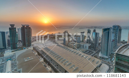 The skyline of West Bay and Doha City Center during sunrise timelapse, Qatar 118681143