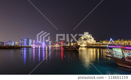 Beautiful Museum of Islamic Art night timelapse hyperlapse in Doha, Qatar. 118681159