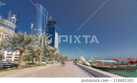 Walk on Doha's Corniche in West Bay timelapse hyperlapse, Qatar. 118681165