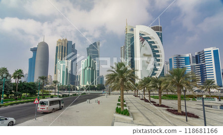 The high-rise district of Doha with traffic on intersection timelapse hyperlapse 118681166
