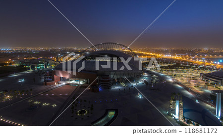 Aerial view of Aspire Zone stadium from top night to day timelapse in Doha 118681172