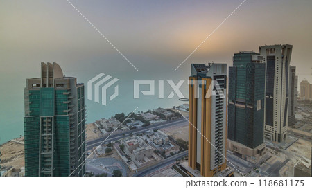 The skyline of West Bay and Doha City Center during sunrise timelapse, Qatar 118681175