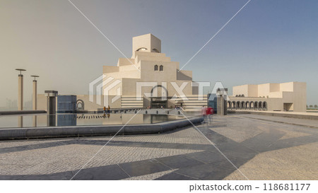 Qatar's museum of Islamic Art timelapse hyperlapse on its man-made island beside Doha Corniche 118681177