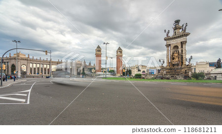 Cityscape view of Placa d'Espanya or Spain square, with the Venetian Towers timelapse hyperlapse 118681211