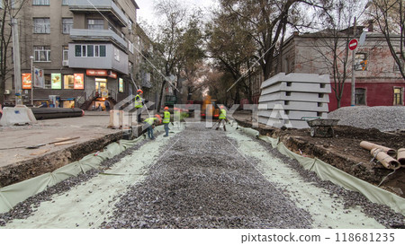 Work bulldozer on the construction of a road timelapse 118681235