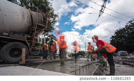 Road construction site with tram tracks repair and maintenance timelapse hyperlapse. 118681265