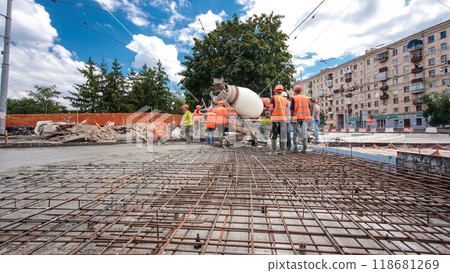 Road construction site with tram tracks repair and maintenance timelapse hyperlapse. Road construction site with tram tracks repair and maintenance timelapse hyperlapse. 118681269
