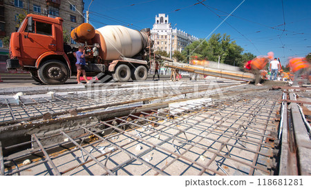 Road construction site with tram tracks repair and maintenance timelapse hyperlapse. Road construction site with tram tracks repair and maintenance timelapse hyperlapse. 118681281