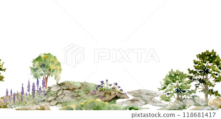 Scenery landscape of forest meadow grassland with bushes flowers, pine tree alpine vista rocks stones hand drawn in watercolor. Seamless banner for tourism, resort ads, hiking camping sites, vacation. Scenery landscape of forest meadow grassland with bushes flowers, pine tree alpine vista rocks stones hand drawn in watercolor. Seamless banner for tourism, resort ads, hiking camping sites, vacation. 118681417
