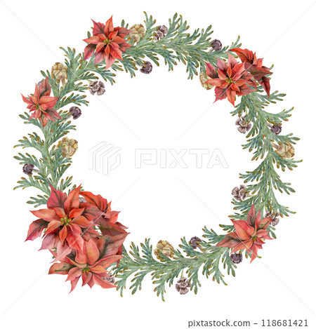 Juniper thuja conifer branches cones, poinsettia. Watercolor hand drawn illustration, wreath chaplet crown frame isolated on white. Xmas, happy new year festive, noel navidad. Florist wedding gifts Juniper thuja conifer branches cones, poinsettia. Watercolor hand drawn illustration, wreath chaplet crown frame isolated on white. Xmas, happy new year festive, noel navidad. Florist wedding gifts 118681421