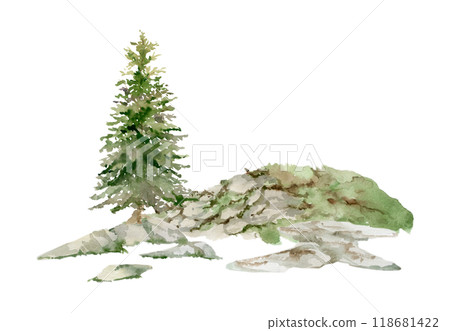 Scenery landscape of forest meadow grassland with bushes flowers, pine fir spruce tree alpine vista rocks hand drawn in watercolor. Illustration for tourism, resort ads, hiking camping sites vacation. Scenery landscape of forest meadow grassland with bushes flowers, pine fir spruce tree alpine vista rocks hand drawn in watercolor. Illustration for tourism, resort ads, hiking camping sites vacation. 118681422
