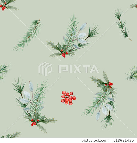 seamless watercolor pattern with a bouquet of spruce and pine branches, holly tree and red berries on a light green background seamless watercolor pattern with a bouquet of spruce and pine branches, holly tree and red berries on a light green background 118681450