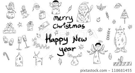 Outline christmas and new year hand drawn doodle, Santa, deer, gifts, bear, angels, bell, stars, snowflakes,candy, girland and more. Use for greeting cards, posters, icons, clip art, stickers,  118681455