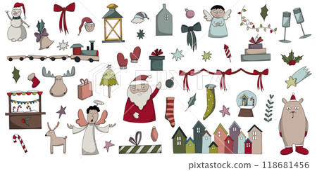 Big Christmas and new year collection. Holiday bundle of traditional decor. Santa Claus and Angel characters. a lot of winter cozy items Big Christmas and new year collection. Holiday bundle of traditional decor. Santa Claus and Angel characters. a lot of winter cozy items 118681456