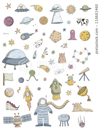 space and solar system big bundle. planets, asteroids, spaceship, moon, astronaut and aliens 118681460