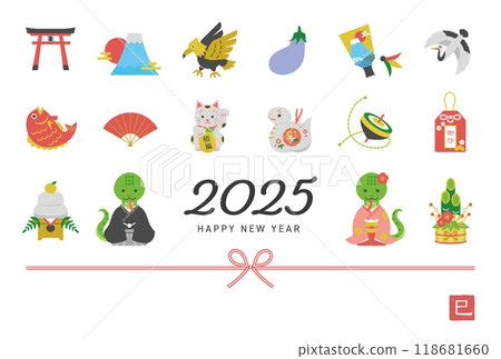 2025 Year of the Snake New Year's card - Icon of a snake couple and New Year's decorations - Horizontal / Colorful - No notes 118681660
